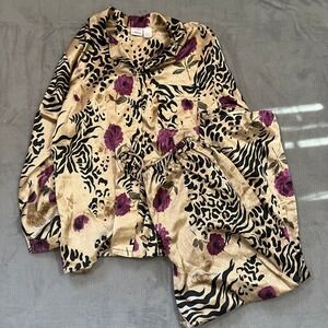 Vintage Animal Print Pajama Set Women's Top & Pants Floral Gold Purple‎ Size M